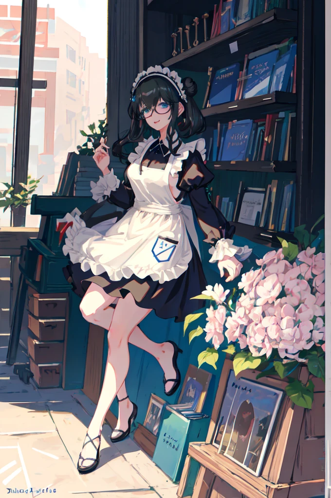 sagisawa fumika, 1girl, solo, bookshelf, blue eyes, black hair, alternate costume, maid headdress, apron, enmaided, smile, juliet sleeves, dress, long sleeves, puffy sleeves, bespectacled, looking at viewer, book, maid apron, single hair bun, breasts, library, white apron, hair bun, indoors, blush, brooch, frills, black dress, official alternate costume, large breasts, long hair, sidelocks, round eyewear