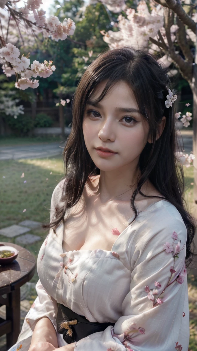 (logo、masterpiece、8k、table top、RAW photo、wonderful、最high quality、Photorealistic and hvery detailed CG integrated 8k wallpaper、high quality、very detailed、Narrative poem、particle effects、dynamic effects、written boundary depth、cinematic light、Lens flare、ray tracing)、fantasy、 (1 beautiful woman、white kimono、Japan Dress、white cherry blossom pattern、White cherry blossom embroidery pattern、black haired、beautiful face、real face、beautiful details eyes beautiful skin)、Hair flutters in Wind、hair bounces、pink cherry tree、petals dance、SakuraFubuki、wonderful scenery、sunrise、sun on background、Wind、god々、teeth、god story、vast land