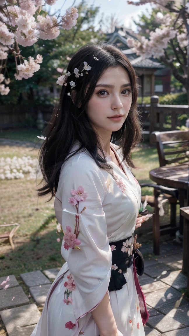 (logo、masterpiece、8k、table top、RAW photo、wonderful、最high quality、Photorealistic and hvery detailed CG integrated 8k wallpaper、high quality、very detailed、Narrative poem、particle effects、dynamic effects、written boundary depth、cinematic light、Lens flare、ray tracing)、fantasy、 (1 beautiful woman、white kimono、Japan Dress、white cherry blossom pattern、White cherry blossom embroidery pattern、black haired、beautiful face、real face、beautiful details eyes beautiful skin)、Hair flutters in Wind、hair bounces、pink cherry tree、petals dance、SakuraFubuki、wonderful scenery、sunrise、sun on background、Wind、god々、teeth、god story、vast land