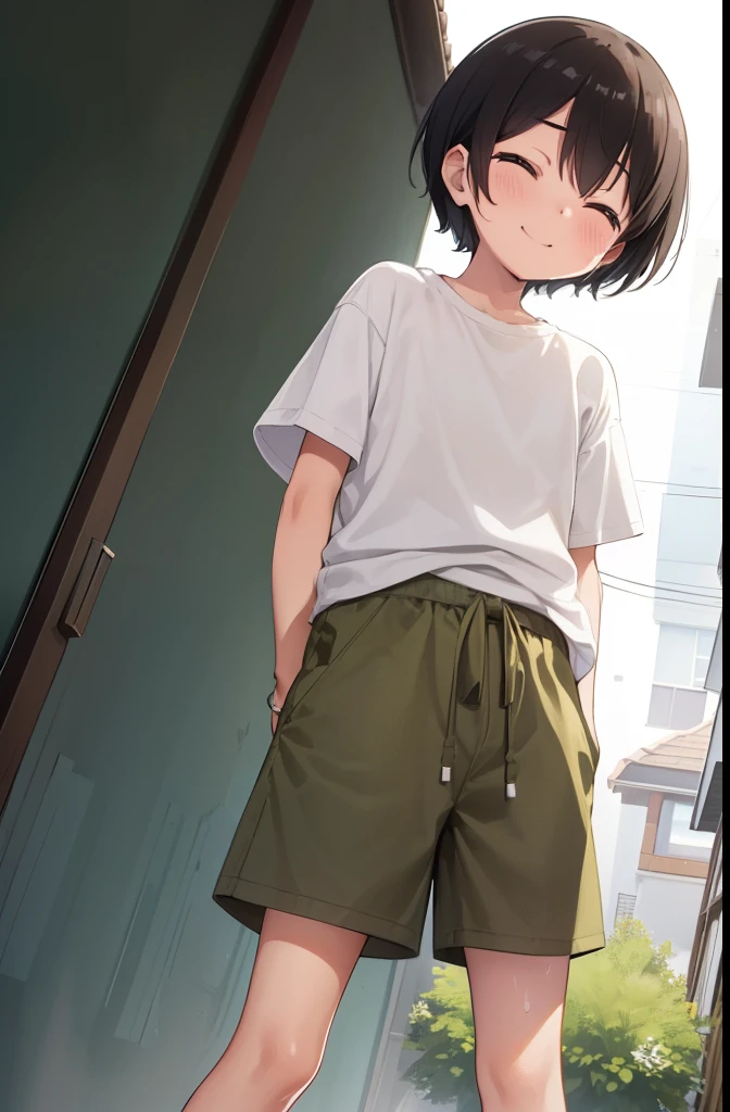 shrine,Are standing,Put your hands behind your back,close your eyes,1. Small ,short hair,Black Hair,blush,White T-shirt,Olive green shorts,barefoot,White skin,summer,From below,shy,Sweat,Open your mouth,sun,Wet,Sweatだく,