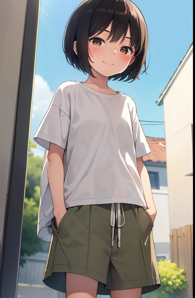 Residential Street,smile,Are standing,Put your hands behind your back,close your eyes,1 ,boyish.Two-block shorthair,Black Hair,blush,White T-shirt,Olive green shorts,Brown Sandals,White skin,summer,From below,Open your hands,shy,Sweat,Open your mouth,