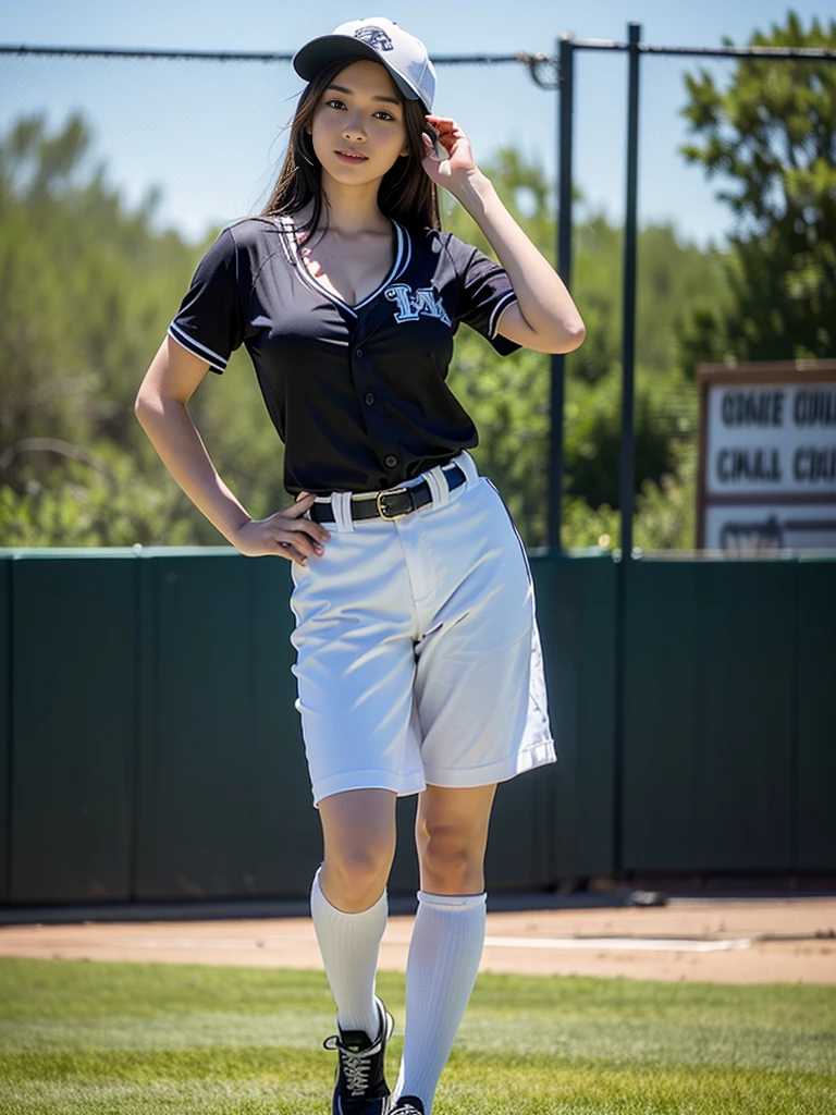 1girl, solo, facing viewer, looking at the camera, smile, brown hair, long hair, ((best quality, 8k, masterpiece: 1.3)), highly detailed face and skin texture, detailed eyes, detailed face, realistic, Highly Detailed, High-quality, best quality, glowing skin, big breasts, cleavage:1.2, baseball field, Baseball cap, Baseball Uniform, cowboy shot, full body, standing, 8k