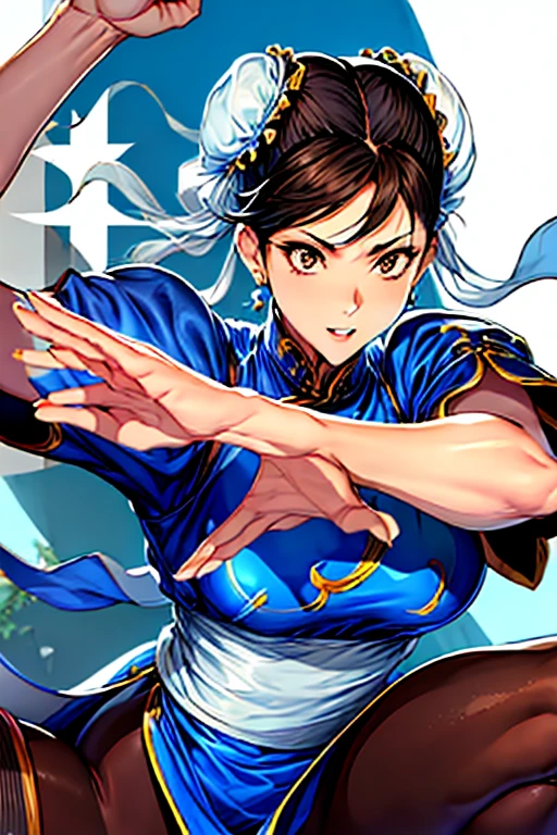 Chun-Li from Street Fight II,The perfect Chun-Li costume,Blue Chinese dress with gold lines,Bunhead,Good cover,Fighting Pose,masterpiece、1 beautiful girl、Beautiful Eyes、Puffy eyes、Highest quality, 超High resolution, (reality: 1.4), Cinema Lighting、Japanese、Asian Beauty、so beautiful、Beautiful Skin、Body facing forward、Face close-up、(超reality的な)、(High resolution)、(8K)、(Very detailed)、(美しくBeautiful Eyes)、(Very detailedな)、 (wall-)、Detailed face、Bright lighting、Professional Lighting、Diagonal bangs、Nogizaka idol、masterpiece, Highest quality, masterpiece, Highest quality, Perfect Face, Perfect brown eyes with white sclera, Bad move -5, alone, 1 Girl, Upper Body, Brown Hair, From SF2, Chinese Language Services, smile, Muscular woman, Blue clothes, pantyhose, Pelvic Curtain, Puff short sleeves, Good cover, sash,切り刻まれたBlue clothes、Bleeding from many wounds、Both hands and feet are tied with ropes、Get down on one knee。