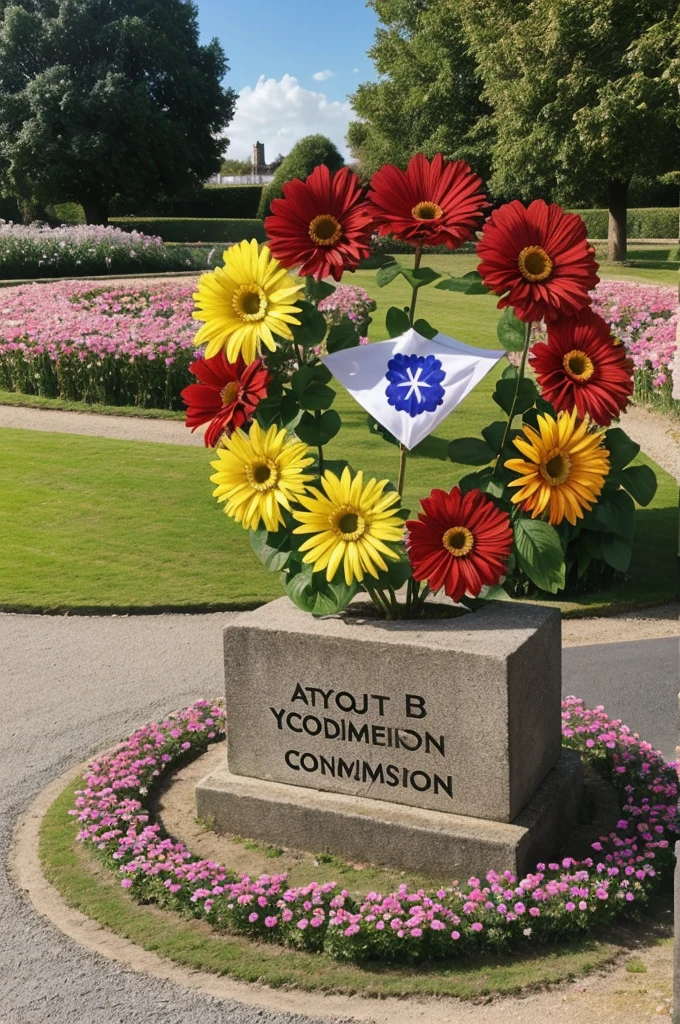 A logo for the youth commission of the Angoulême twinning committee in the shape of a flower with a petal with the flag of England
