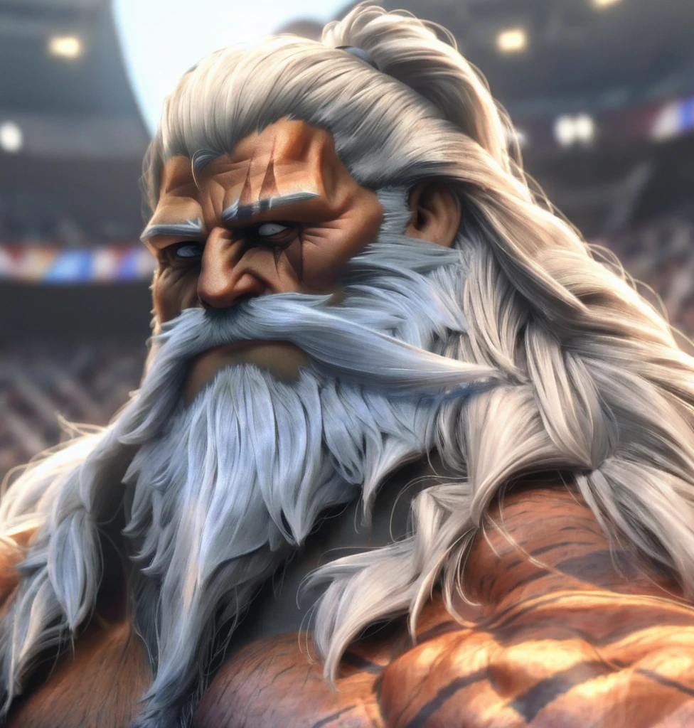 a crowded gladiatorial arena in the background,Best quality,masterpiece,4k,8k,highly detailed,detailed face,realistic proportions,sharp focus,male focus,musclar bodybuilder,reinhardt,musclar bodybuilder,long beard,long hair,scar across eye,