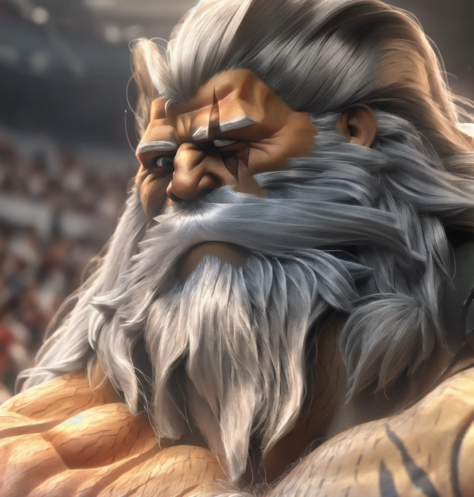 a crowded gladiatorial arena in the background,Best quality,masterpiece,4k,8k,highly detailed,detailed face,realistic proportions,sharp focus,male focus,musclar bodybuilder,reinhardt,musclar bodybuilder,long beard,long hair,scar across eye,