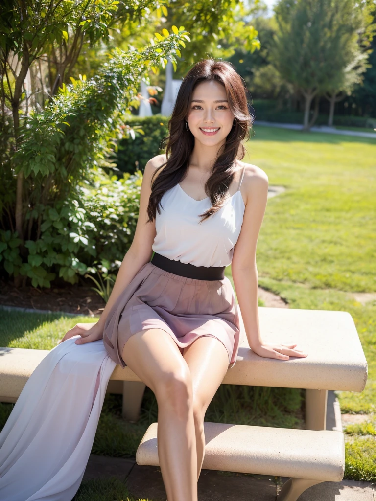 最high quality, 8K, Masseter area, Energetic, Clear focus, high quality, high resolution, Delicate face, Fine particles, thick lips, (Looking at the audience), Solitary, Beautiful woman, 38 years old, Plum, Black hair, (Light-colored chiffon skirt:1.5), afternoon、In front of the park garden,(Sitting on a bench:1.5)、((Smile:1.5))、((Wearing black high heels))