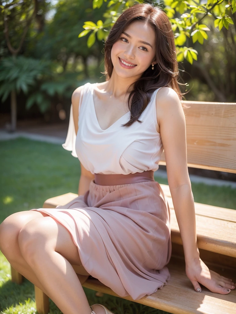 最high quality, 8K, Masseter area, Energetic, Clear focus, high quality, high resolution, Delicate face, Fine particles, thick lips, (Looking at the audience), Solitary, Beautiful woman, 38 years old, Plum, Black hair, (Light-colored chiffon skirt:1.5), afternoon、In front of the park garden,(Sitting on a bench:1.5)、((Smile:1.5))、((Wearing black high heels))
