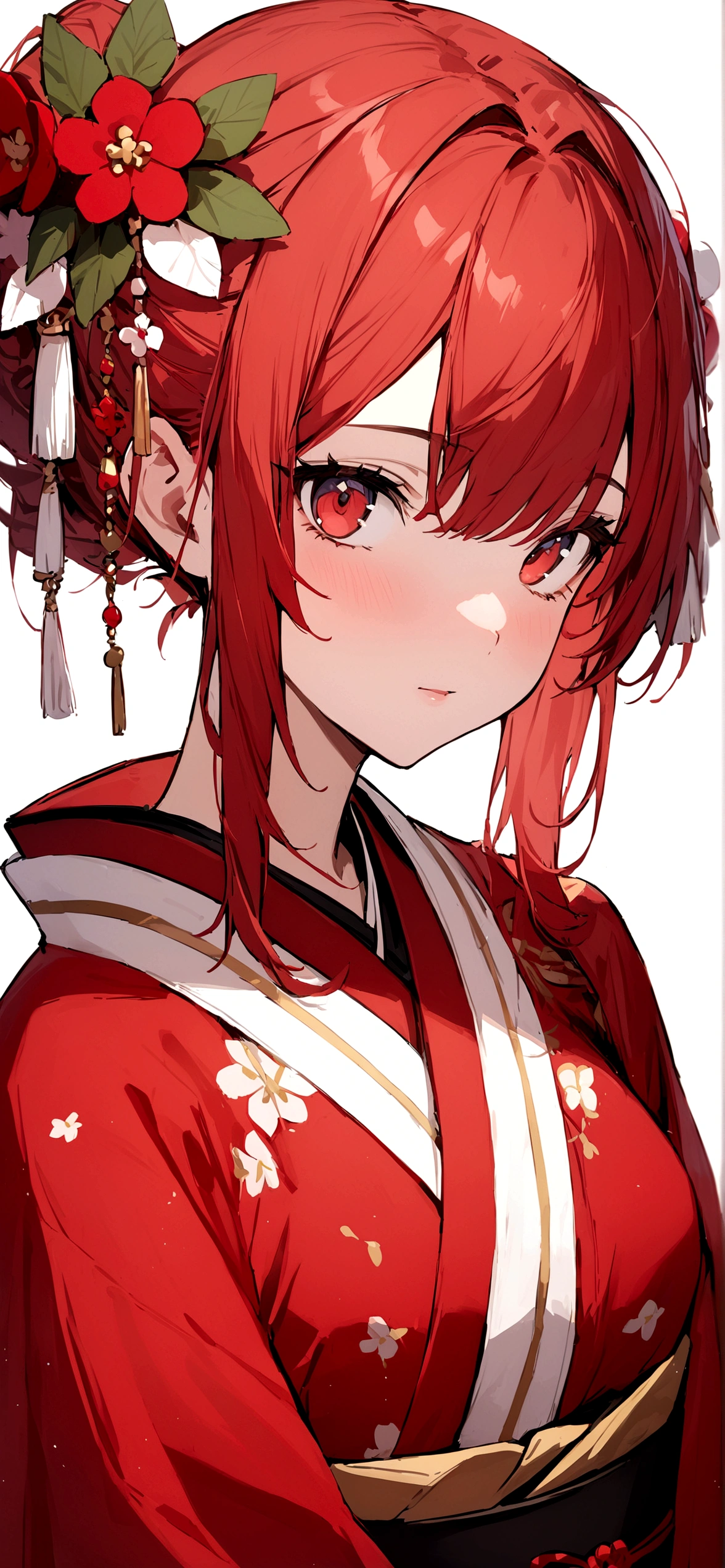 ((masterpiece, Highest quality)), (One girl), (alone), Red Hair、Character portrait、Plum blossom accessories、kimono、White background、Red Hair、Red eyes、赤いkimono
