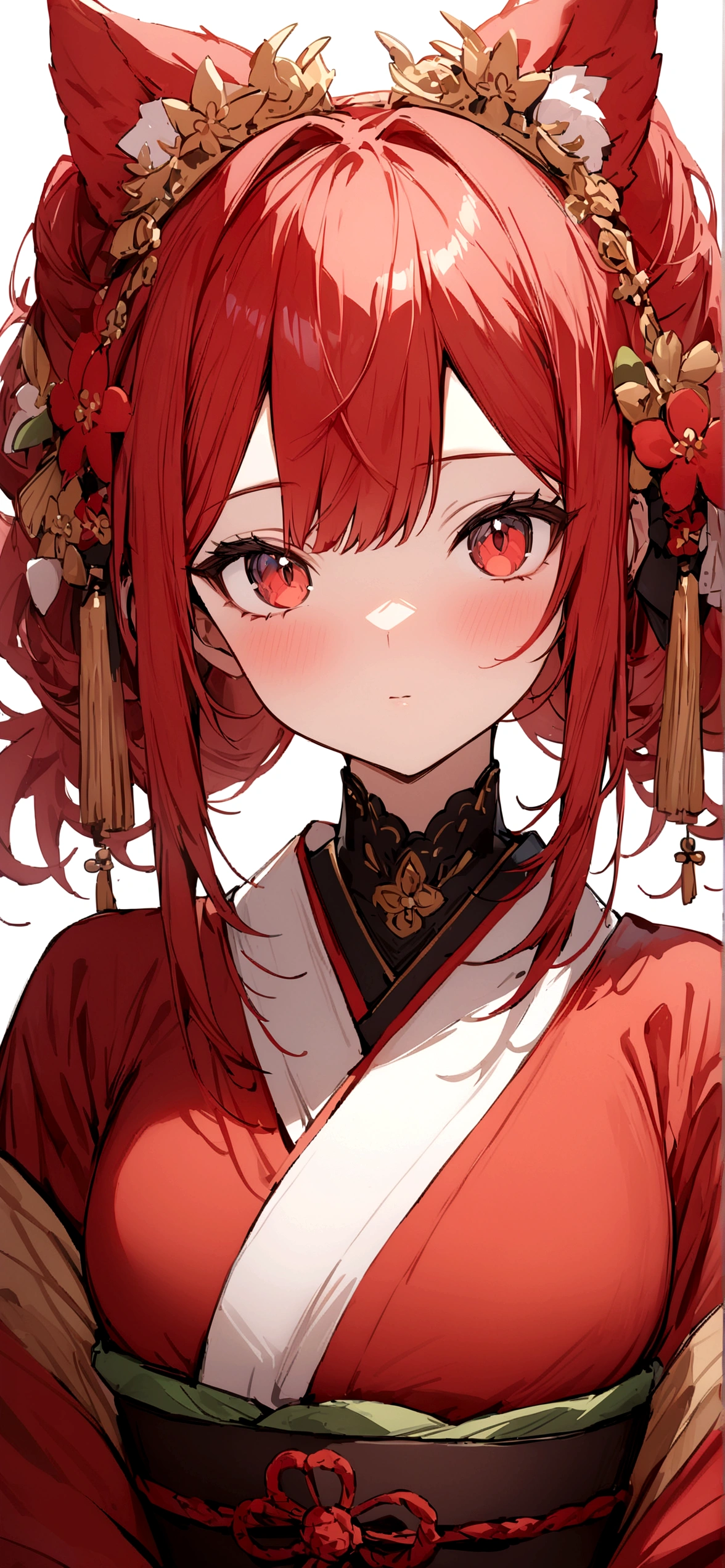 ((masterpiece, Highest quality)), (One girl), (alone), Red Hair、Character portrait、Plum blossom accessories、kimono、White background、Red Hair、Red eyes、赤いkimono