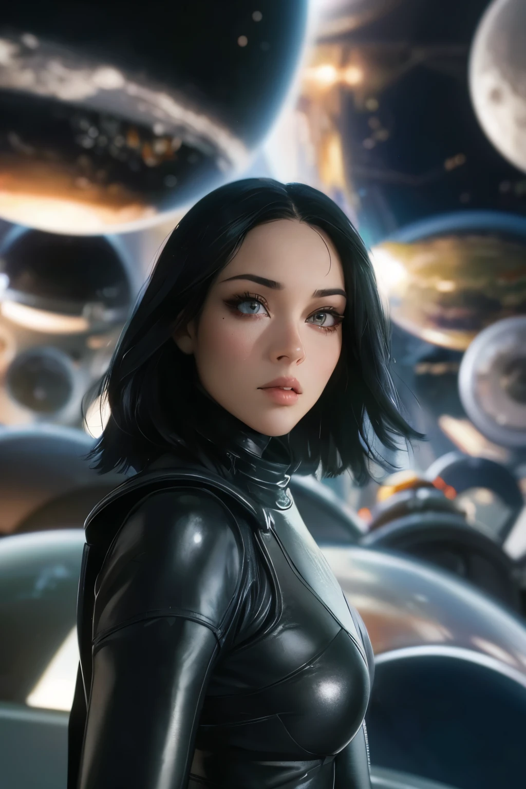 A beautiful woman. Black hair. 22 years old. Beautiful double eyes. The bridge of my nose. Well-shaped lips. She is looking at the camera with a serious expression. She is wearing futuristic black metallic clothing. Images of countless worlds in the space behind her. An image of a parallel world.