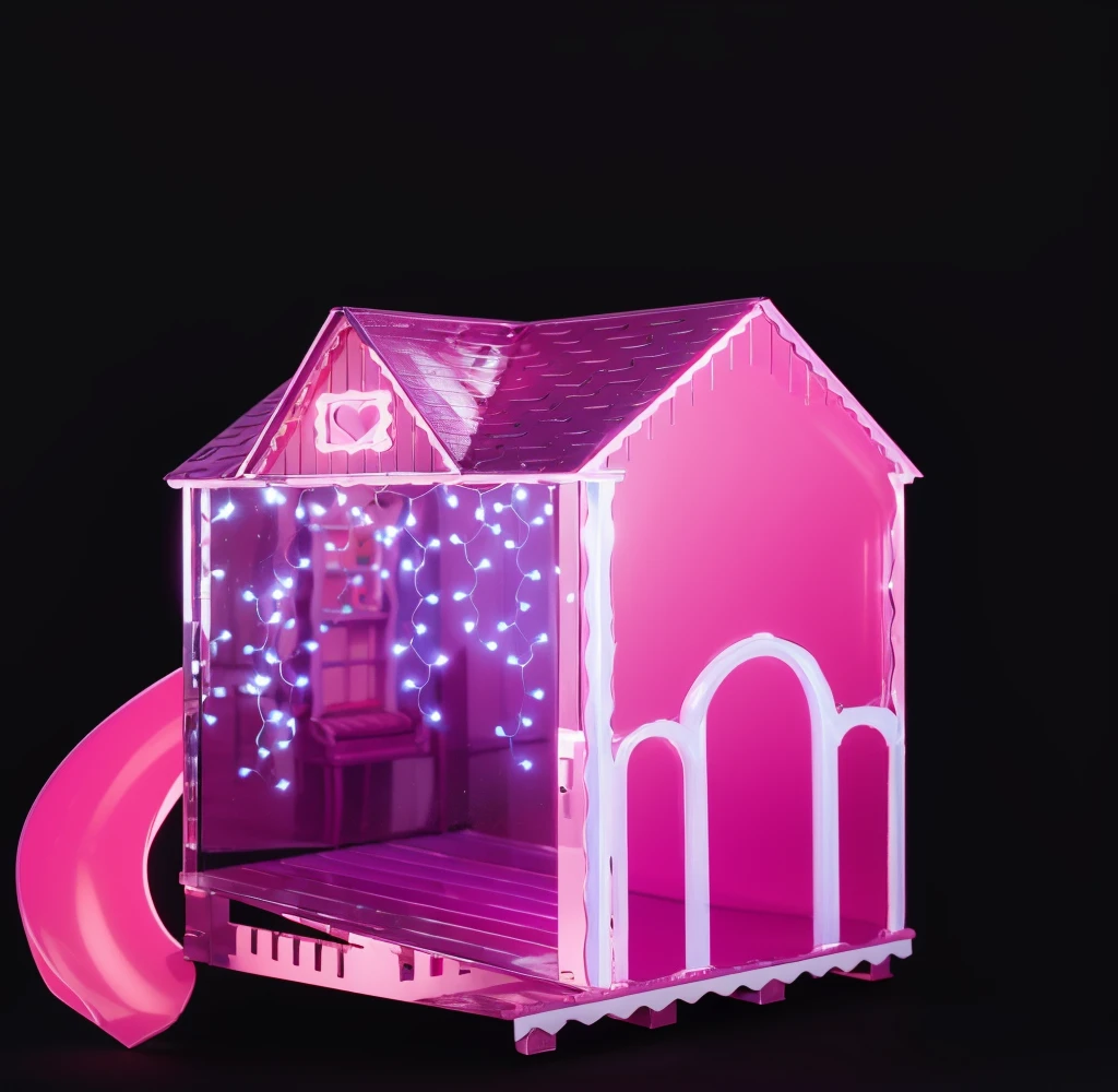a pink and white fairy tale cottage with a pink snake and a heart on the roof, and a small stage in the back. 3d style, simplified design, 3d render, glossy texture, smooth 3d model, multiple light sources, rim light, sharp post effects render, (glossy plastic texture with multiple big light probe refractions), perfect cgi, smooth silhouette, high intensity refraction, (super glossy material), most beautiful vfx , blue background, plastic refractions, realistic, 4k, high resolution, rim light, photo shoot, commercial photo, profile shot, 4k, rim light, high resolution, 4k, glossy texture, smooth 3d model, multiple light sources, rim light, sharp post effects render, (glossy metallic texture with multiple big light probe refractions), perfect cgi, cgi art created only with gradients, smooth silhouette, high intensity refraction, (super glossy chrome material), most beautiful vfx, blue background, chrome metal refractions, multiple light sources, rim light, sharp post effects render, perfect cgi, digital art, detailed digital art, reflective, best quality, 4k, masterpiece:1.2, ultra-detailed, realistic, vivid colors, dark and moody lighting, The image of the highest quality, ensuring every detail is showcased perfectly. It in 4k resolution, allowing viewers to immerse themselves in the richness of the colors and intricate details. The realistic rendering. under the spotlight, reflecting, high-resolution image, realistic rendering, dark background, and rim light photorealistic 