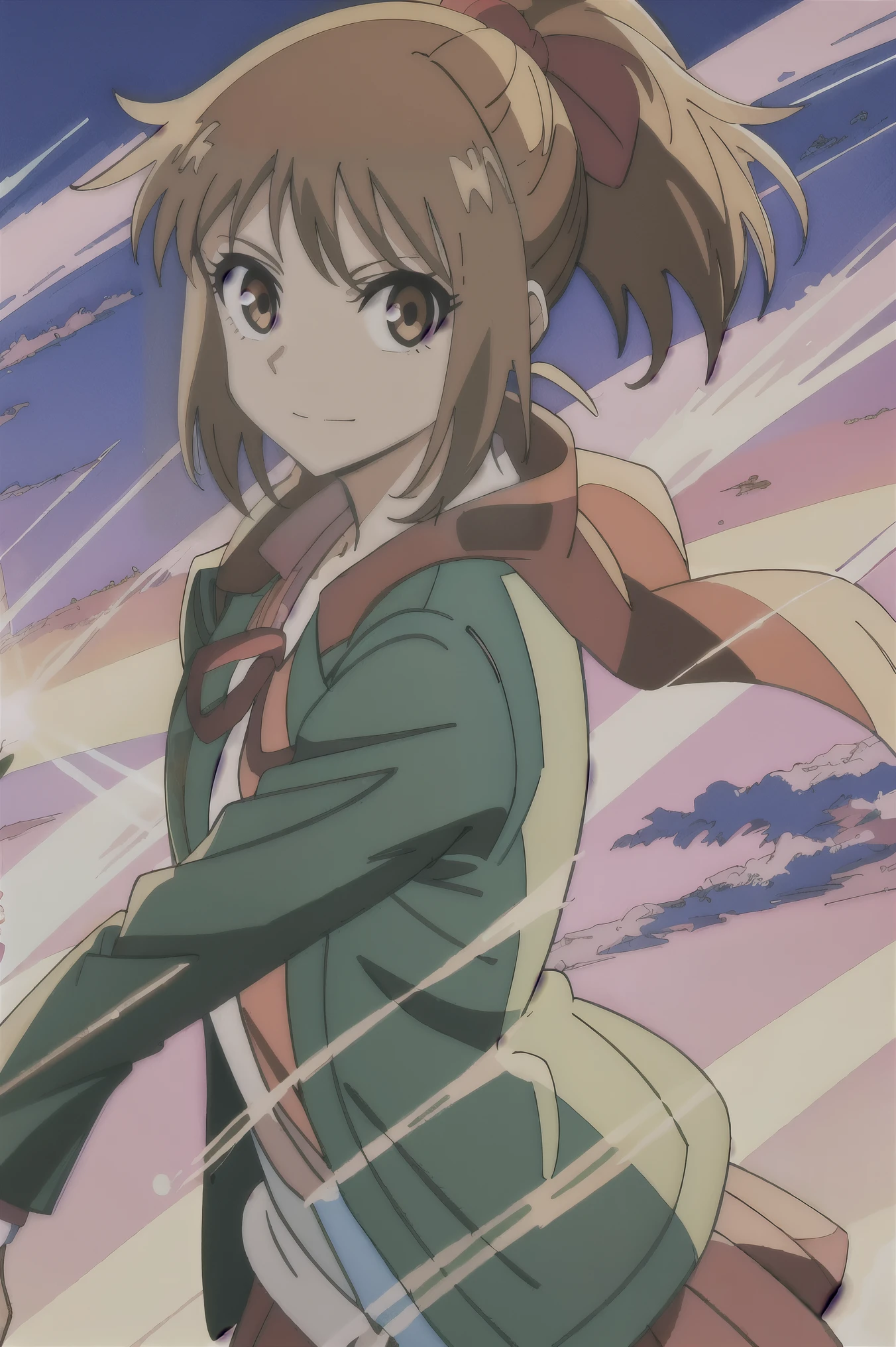 (masterpiece, best quality:1.2), samidare asahina, 1girl, brown eyes, brown hair, jacket, long sleeves, neck ribbon, ocean, red sky, dawn, ponytail, red ribbon, ribbon, , shirt, short hair, solo, sunset, white shirt, (anime, high details, super detail:1.55)