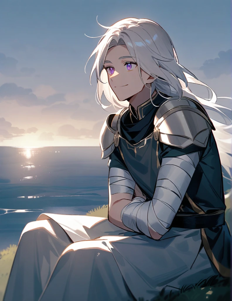 Greek boy with shoulder length long white hair, with violet eyes, with one of his arms covered in bandages, with silver shoulder pads and giving a hopeful smile while sitting on a hill facing the ocean