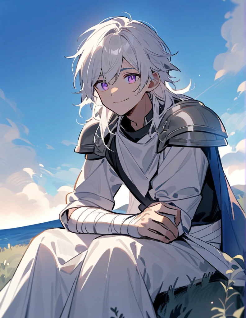 Greek boy with shoulder length long white hair, with violet eyes, with one of his arms covered in bandages, with silver shoulder pads and giving a hopeful smile while sitting on a hill facing the ocean