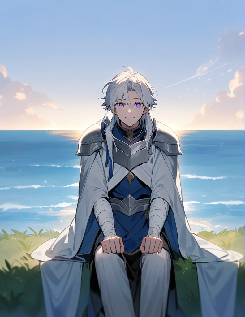 Greek boy with shoulder length long white hair, with violet eyes, with one of his arms covered in bandages, with silver shoulder pads and giving a hopeful smile while sitting on a hill facing the ocean