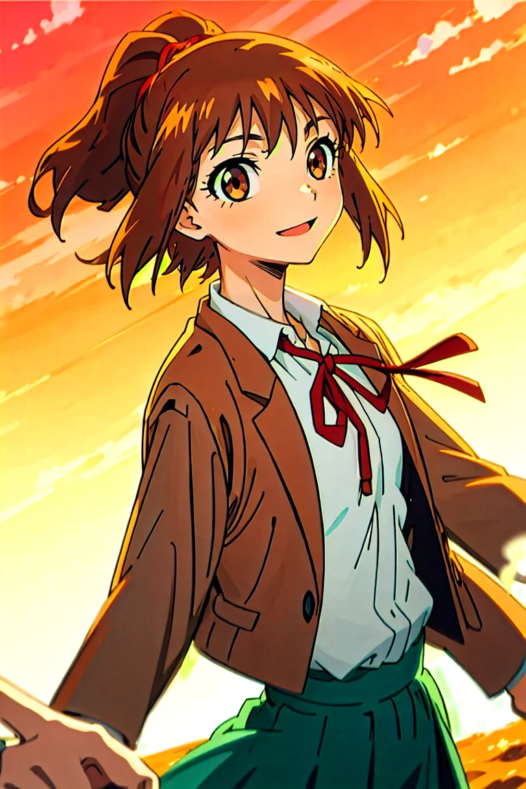 (masterpiece, best quality:1.2), samidare asahina, 1girl, brown eyes, brown hair, jacket, long sleeves, neck ribbon, ocean, red sky, dawn, ponytail, red ribbon, ribbon, , shirt, short hair, solo, sunset, white shirt, (anime, high details, super detail:1.55)