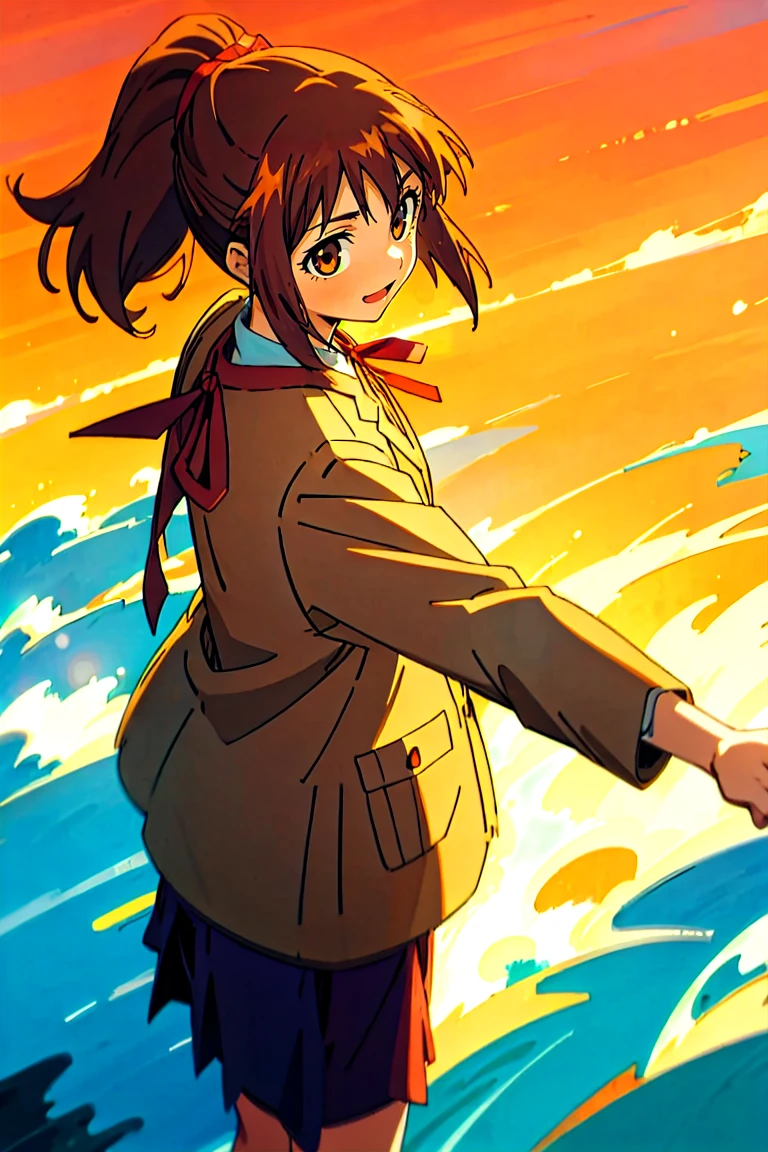 (masterpiece, best quality:1.2), samidare asahina, 1girl, brown eyes, brown hair, jacket, long sleeves, neck ribbon, ocean, red sky, dawn, ponytail, red ribbon, ribbon, , shirt, short hair, solo, sunset, white shirt, (anime, high details, super detail:1.55)