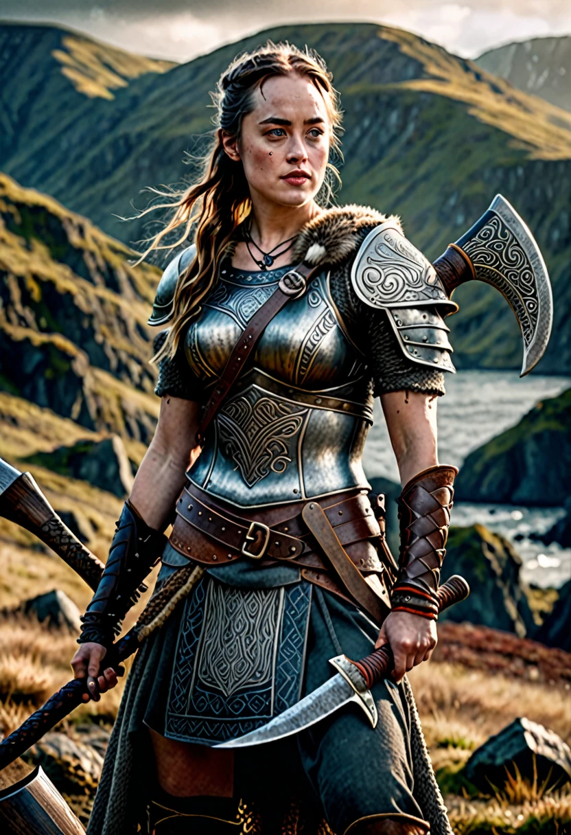 a beautiful viking warrior woman with many facial tattoos,Dakota Johnson,holding an axe,detailed portrait,cinematic lighting,dramatic pose,intricate armor,rugged landscape,muted color palette,(realistic,photorealistic:1.37),(best quality,8k,highres,masterpiece:1.2),ultra-detailed,vivid colors,sharp focus,physically-based rendering,professional