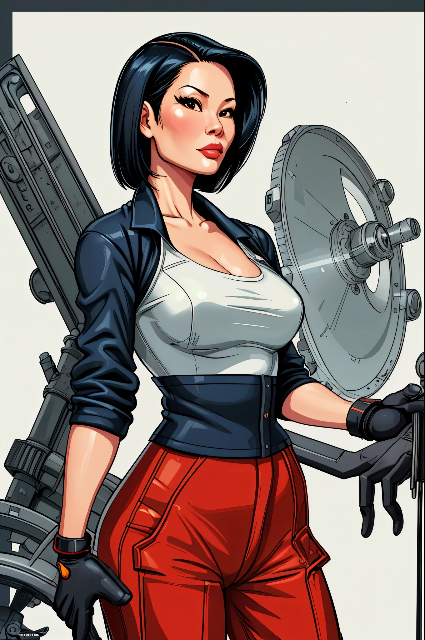 Lucy Liu, gorgeous mechanic, atompunk, blank background, retro-futurism
