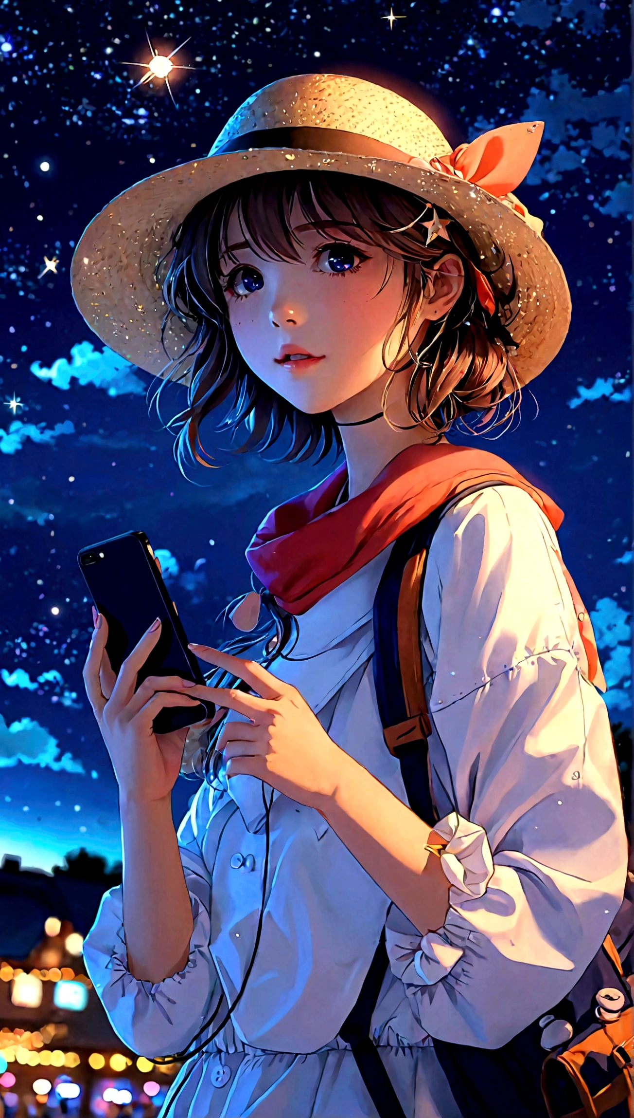 anime girl with a hat and a cell phone looking at the stars, anime style 4 k, anime vibes, (anime girl), high quality anime artstyle, anime style. 8k, anime art wallpaper 4k, anime art wallpaper 4 k, lofi girl, nightcore, anime art wallpaper 8 k, beautiful anime style, anime artstyle, beautiful anime portrait