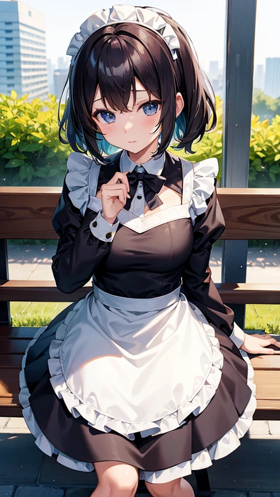 Anime girl wearing maid outfit sitting on bench，The background is a city, best anime 4k konachan wallpapers, fine details. Girls&#39; Frontline, Lolich, from Girls&#39; Frontline, From《Azur route》video game, Night Core, Azur route style, Cute anime waifu wearing beautiful clothes, perfect white haired girl, seductive anime girl, Smooth anime CG art，Large Breasts