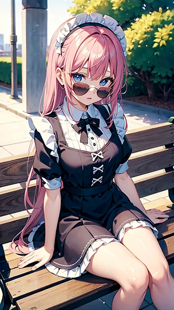 Anime girl wearing maid outfit sitting on bench，The background is a city, best anime 4k konachan wallpapers, fine details. Girls&#39; Frontline, Lolich, from Girls&#39; Frontline, From《Azur route》video game, Night Core, Azur route style, Cute anime waifu wearing beautiful clothes, perfect white haired girl, seductive anime girl, Smooth anime CG art，Large Breasts