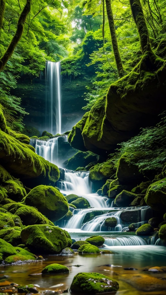 “A serene forest with a cascading waterfall. The scene features lush green foliage surrounding the waterfall, with moss-covered rocks at the base. Sunlight filters through the dense tree canopy, creating dappled light patterns on the ground and water. Mist rises gently from the waterfall, adding a touch of mysticism to the atmosphere. The water is crystal clear, reflecting the vibrant greenery of the forest. The overall mood is peaceful and rejuvenating.”