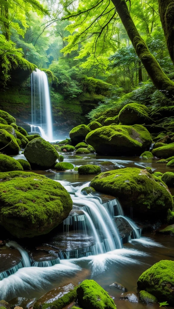 “A serene forest with a cascading waterfall. The scene features lush green foliage surrounding the waterfall, with moss-covered rocks at the base. Sunlight filters through the dense tree canopy, creating dappled light patterns on the ground and water. Mist rises gently from the waterfall, adding a touch of mysticism to the atmosphere. The water is crystal clear, reflecting the vibrant greenery of the forest. The overall mood is peaceful and rejuvenating.”