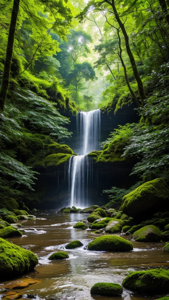 “A serene forest with a cascading waterfall. The scene features lush green foliage surrounding the waterfall, with moss-covered rocks at the base. Sunlight filters through the dense tree canopy, creating dappled light patterns on the ground and water. Mist rises gently from the waterfall, adding a touch of mysticism to the atmosphere. The water is crystal clear, reflecting the vibrant greenery of the forest. The overall mood is peaceful and rejuvenating.”