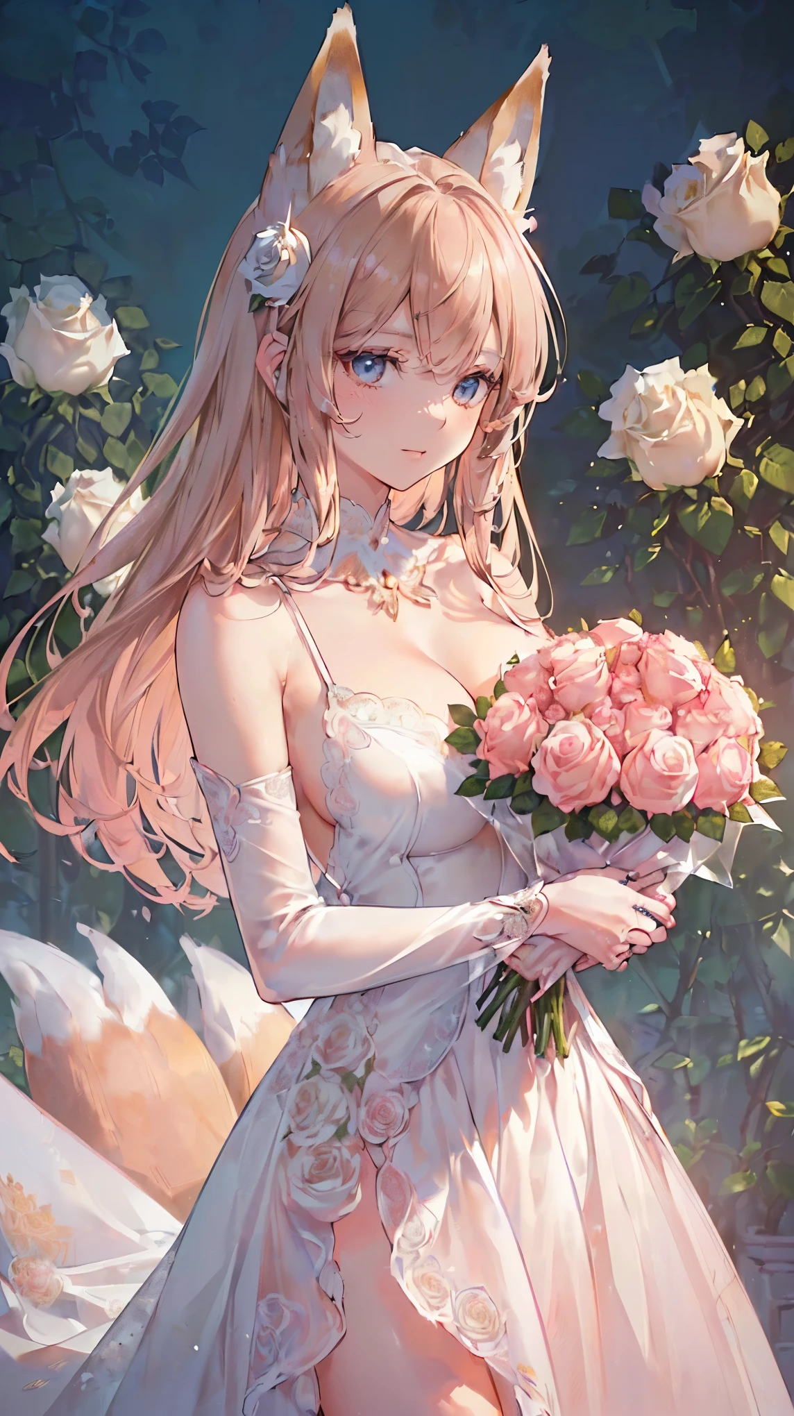 (((Masterpiece))), (((Highest quality))), ((Ultra-detailed)), ((Super fine illustration)), ((Ultra-fine painting)), (16K highest quality wallpaper:1.4), (Upper body:1.4), (Highly detailed and delicate illustration style:1.8), Detailed skin texture, Detailed cloth texture, Detailed rose flower texture, Extreme detailed description, (T-masterpiece), (Highly detailed face:1.4), (Highly detailed fox ears:1.2), (Highly detailed golden brown hair:1.2), (Highly detailed, beautiful and clear blue eyes:1.2), Original, RAW photo, Professional, Intricate details, Super details, (Perfect anatomy:1.4), (Highly detailed hands:1.2), (Highly detailed fingers:1.2), (Highly detailed fingertips:1.2), (27-years-old), (Solo:1.6), ((A very beautiful and attractive fox female fashion model:1.4))
BRAKE
(Beautiful and adorable fox ears:1.6), (Highly detailed and delicate fox ears:1.4), (Beautiful and well-shaped big breasts:1.2), (Beautiful and well-shaped buttocks), (Beautiful and shiny golden brown hair:1.6), (Highly detailed and delicate golden brown hair:1.4), (Beautiful clear blue eyes that shine with great detail:1.6), (Highly detailed and delicate blue eyes:1.2), (Highly detailed face:1.4), (Smile:1.4), (Looking at viewer:1.4), (Standing:1.4), (Celebration:1.4)
BRAKE
((A beautiful and gorgeous plunking neckline princess dress that is detailed and delicate to be worn at celebratory occasions:1.4))
BRAKE
((Holding in both hands a large bouquet of highly detailed and delicate ((white and pink roses)):1.4))
BRAKE
(Just after noon:1.4), (Celebration:1.4), ((Highly detailed and delicate white rose flower and pink rose flower garden background:1.4)), (Highly detailed and delicate royal palace courtyard background in just after noon:1.4) BRAKE