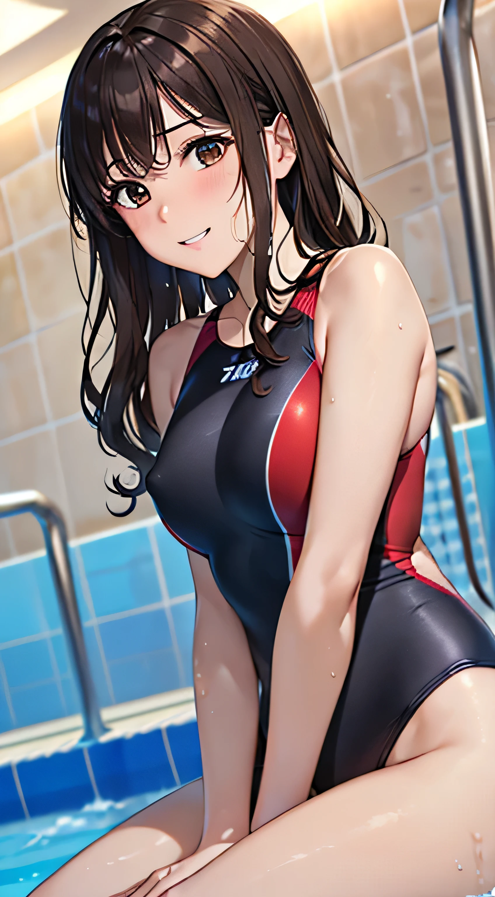 ((Tabletop, Highest quality, High resolution, , Pixel Perfect, 4K,))), 1 female, 、The whole body is visible、 ((Long Wavy Hair, bangs, Brown Hair)), ((Brown eyes, Beautiful eyelashes, Realistic eyes)), ((Detailed face, Blushing:1.2)), ((Smooth texture:0.75, Realistic texture:0.65, Realistic:1.1, Anime CG Style)), Medium sized breasts, Dynamic Angle, Perfect body, (( , , Beautiful swimming trainer、、Black and red competitive swimming wear 、)), 、、Very embarrassing panic smile, 、、、Luxury hotel pool、Sit by the pool、Nipples are visible、、、、、 、Angle from below)、