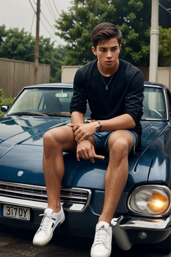 A boy who sits on his car . He smoking spme cigarettes. Rain is outside