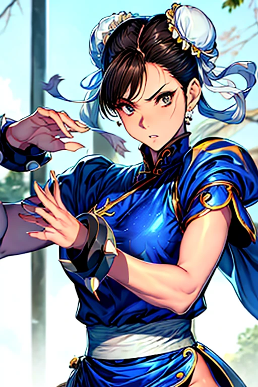 Chun-Li from Street Fight II,The perfect Chun-Li costume,Blue Chinese dress with gold lines,Bunhead,Good cover,Fighting Pose,masterpiece、1 beautiful girl、Highest quality, 超High resolution, (reality: 1.4), Cinema Lighting、Japanese、Asian Beauty、so beautiful、Beautiful Skin、Body facing forward、Face close-up、(超reality的な)、(High resolution)、(8K)、(Very detailed)、(Beautiful and beautiful eyes)、(Very detailedな)、 (wall-)、Detailed face、Bright lighting、Professional Lighting、Diagonal bangs、Nogizaka idol、masterpiece, Highest quality, masterpiece, Highest quality, Perfect Face, Perfect brown eyes with white sclera, Bad move -5, alone, 1 Girl, Upper Body, Brown Hair, From SF2, Muscular woman, Blue clothes, pantyhose, Pelvic Curtain, Puff short sleeves, Good cover, sash,切り刻まれたBlue clothes、Bleeding from many wounds、Both hands and feet are tied with ropes、Get down on one knee、enduring pain。