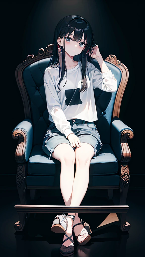 a woman with long, middle-parted hair in a plaid shirt and sexy short jeans mini-pants sitting on a chair with her legs crossed , sitting on the sofa, sitting on the sofa, sitting on the sofa, sitting on the sofa, sitting on a chairเท้าแขน, sitting on the sofa, sitting on a chairนวม, sitting on a chair, sitting on a chair, Sit down comfortably., sitting on a chair, sitting on a chair, sitting on a chair