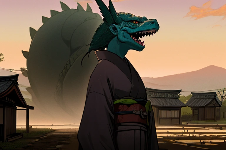 High resolution,high quality,(Perfect body),Old Japanese style town,Dirt Road,Tile roof,Giant Monster,Giant Lizard,Dark body,Scaly Body,Buildings to be destroyed,５people,槍で迎え撃つpeople,Kimono,刀で迎え撃つpeople,Kimono