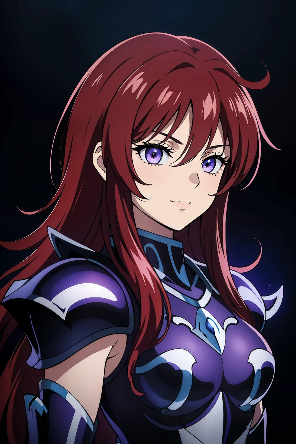 (high-quality, breathtaking),(expressive eyes, perfect face) portrait, Symmetrical Eyes, 1girl, female, solo, adult, dark red hair, red coloured eyes, stylised hair, short length hair, loose hair, side bangs, spiky hair, fluffy hair, looking at viewer, portrait, black background, narrow eyes, soft eerie blue lighting backround, rock terrain background, Hades Armor, Hypnos Saint Seiya Armor, Thanatos Saint Seiya Armor, Dark Purple Armor, trim, full plate, feminine face, Persephone Saint Seiya, cute smile, half body shot,
