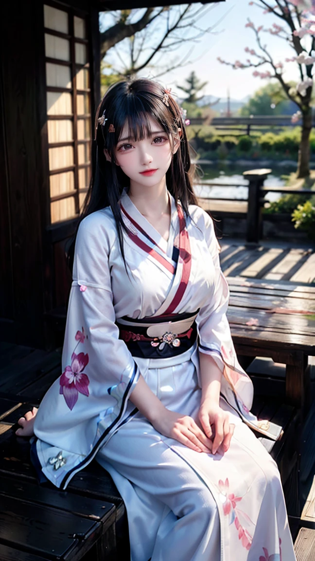 (logo、masterpiece、8k、table top、RAW photo、wonderful、最high quality、Photorealistic and hvery detailed CG integrated 8k wallpaper、high quality、very detailed、Narrative poem、particle effects、dynamic effects、written boundary depth、cinematic light、Lens flare、ray tracing)、fantasy、 (1 beautiful woman、white kimono、Japan Dress、white cherry blossom pattern、White cherry blossom embroidery pattern、black haired、beautiful face、real face、beautiful details eyes beautiful skin)、Hair flutters in Wind、hair bounces、pink cherry tree、petals dance、SakuraFubuki、wonderful scenery、sunrise、sun on background、Wind、god々、teeth、god story、vast land
