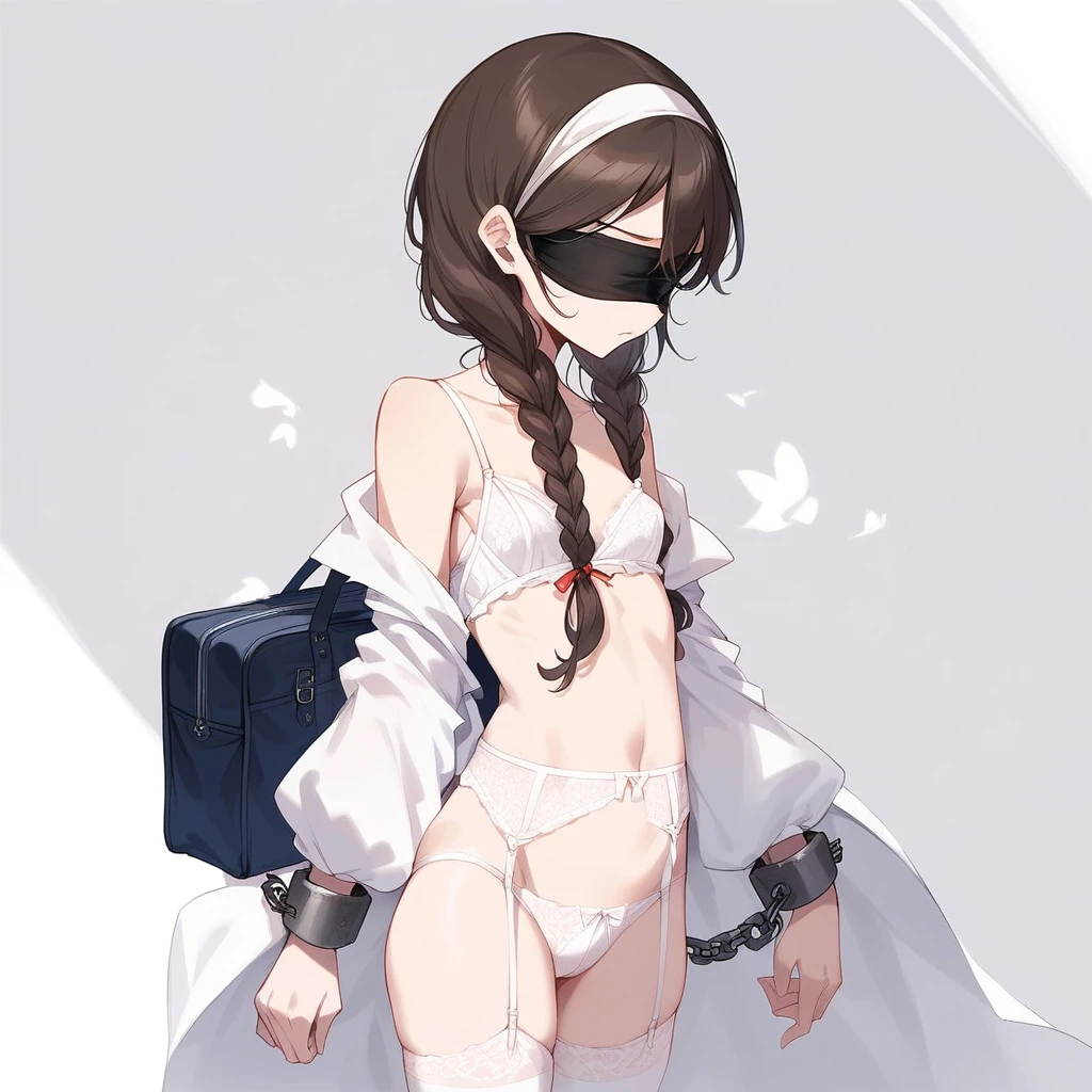 1girl（（Long dark brown hair、long pigtails）、blindfold、hair band、,White Silk Sexy Lingerie、,garter belt、Red School Bag、a girl, dwarf, height 1.3meters,  30kg,,small breasts,(shackles,restrained)）