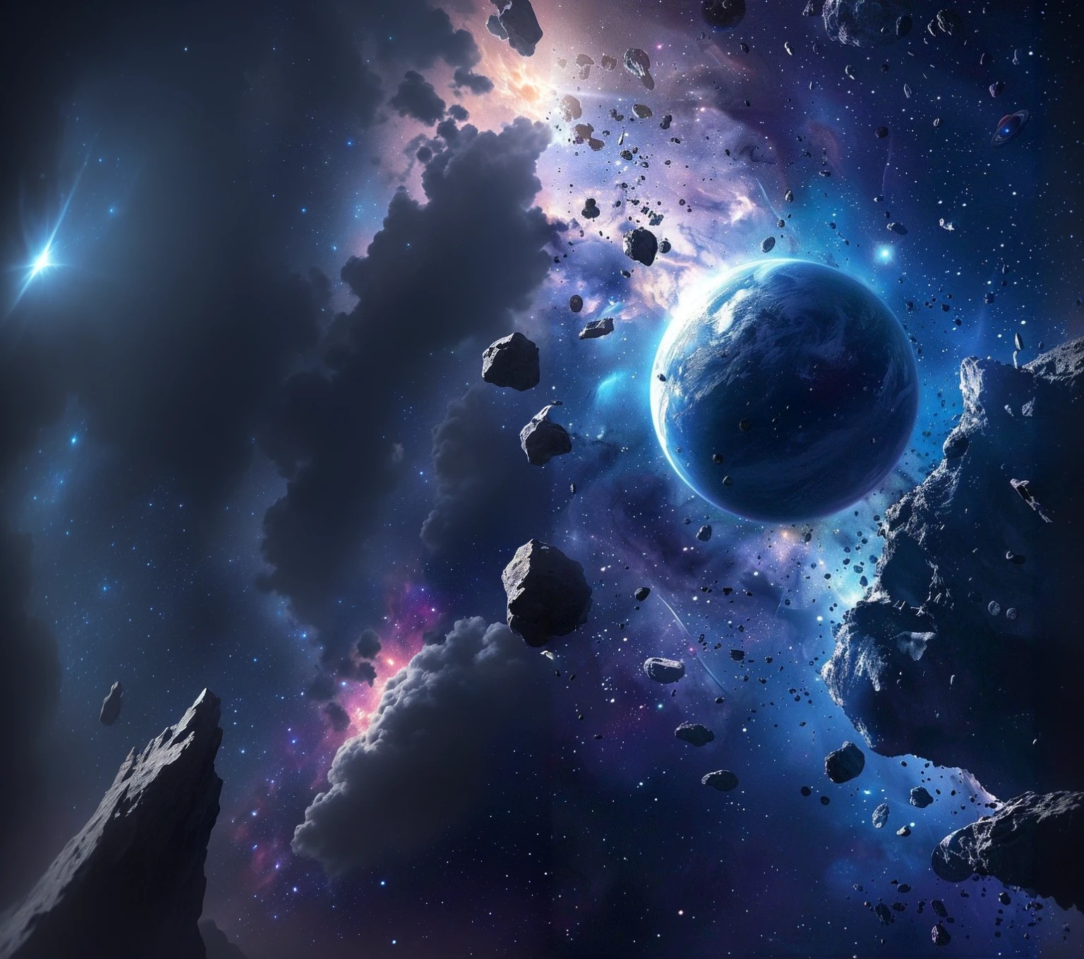 a close up of a space scene with a planet and a lot of rocks, space backround, amazing wallpaper, space art, epic beautiful space scifi, beautiful space star planet, magnificent background, galaxy space sci - fi, realistic space, space sky, space scene, space art concept, dark blue planet, background artwork, 4 k hd wallpaper very detailed