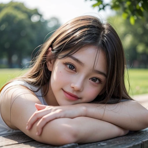 masutepiece, Best Quality, 8K, 1girl in, Good Hand, 14 yo, Lively, Active, Life Force, Luminescent, Looking away, Raw photo, F/1.8, 135 mm, NIKON, Anatomically correct, Bokeh,Textured skin, Professional Photography, Portrait, Soft light, Professional Lighting, Solo, (Smile), Cute, Girly, Digital SLR, Film grain, (Eyes and faces with detailed:1.0), 8K Wallpaper, Residential area