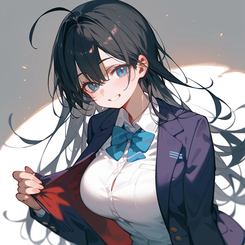 One Girl、Big Breasts、Black Hair、Long Hair、Straight Hair、Ahoge、high school student、smile、Dark blue eyes、Blazer