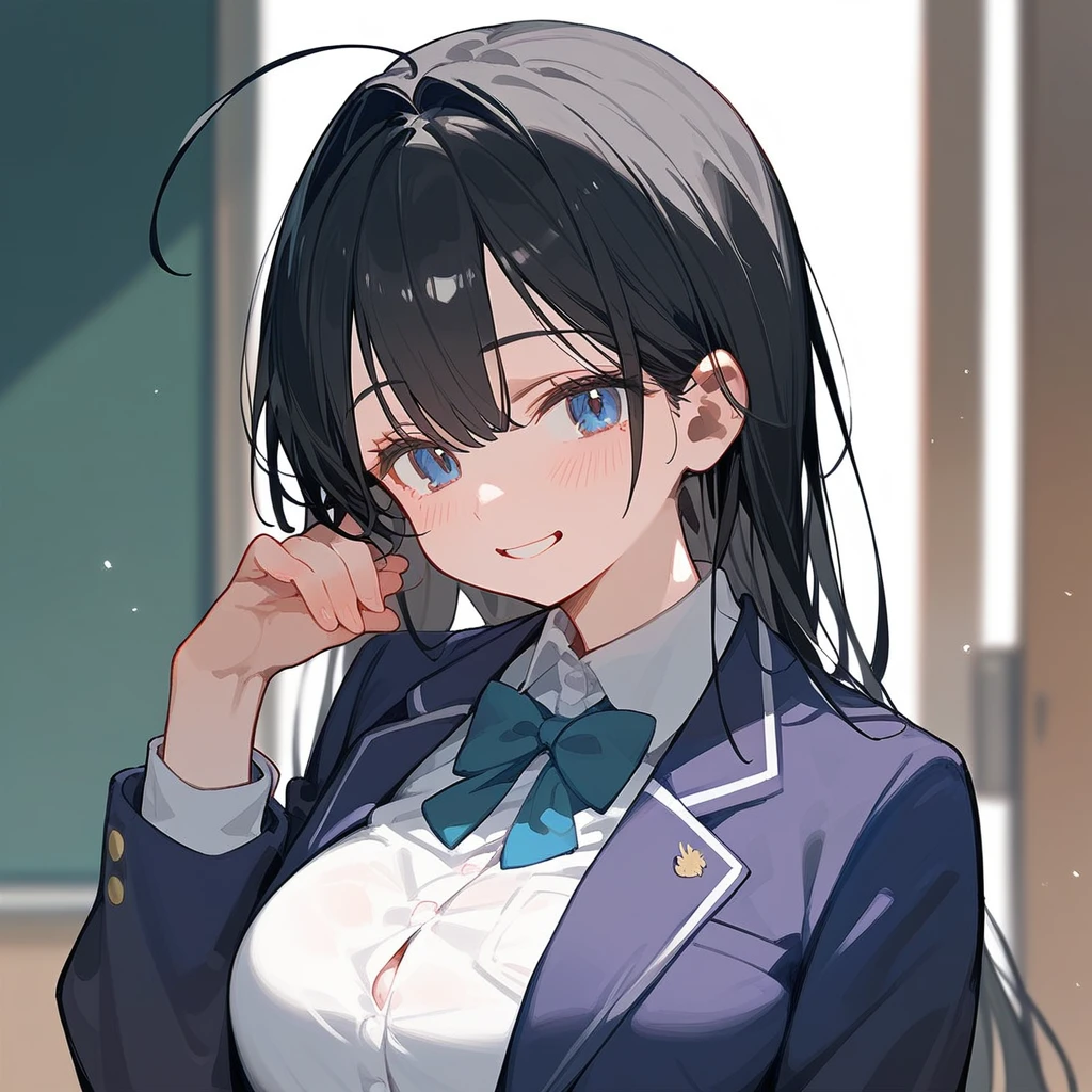 One Girl、Big Breasts、Black Hair、Long Hair、Straight Hair、Ahoge、high school student、smile、Dark blue eyes、Blazer