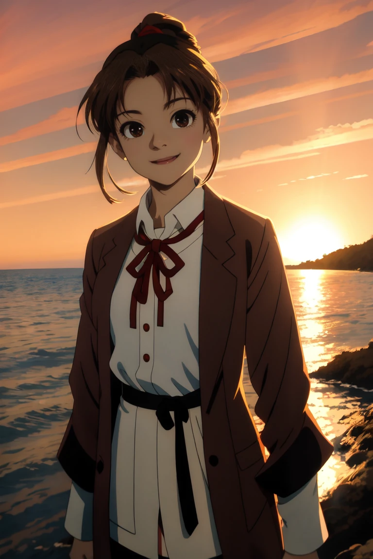 (masterpiece, best quality:1.2), samidare asahina, 1girl, brown eyes, brown hair, jacket, long sleeves, neck ribbon, ocean, red sky, dawn, ponytail, red ribbon, ribbon, , shirt, short hair, solo, sunset, white shirt, (anime, high details, super detail:1.55)