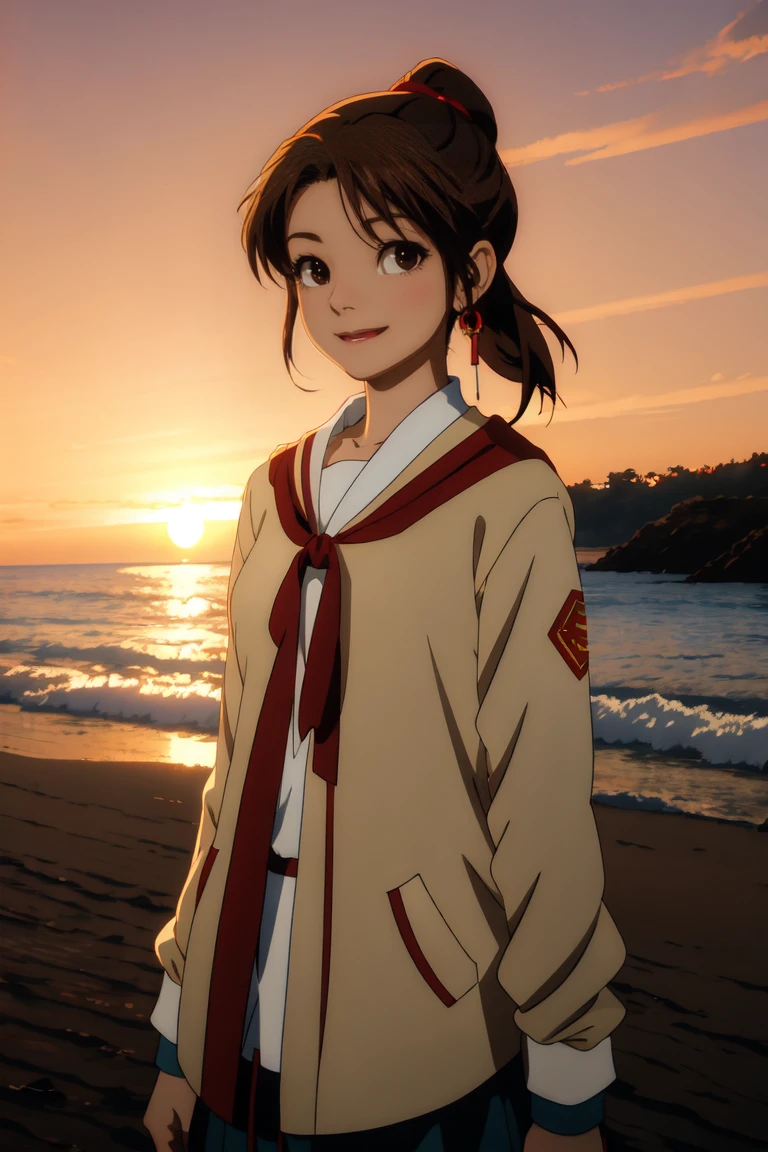 (masterpiece, best quality:1.2), samidare asahina, 1girl, brown eyes, brown hair, jacket, long sleeves, neck ribbon, ocean, red sky, dawn, ponytail, red ribbon, ribbon, , shirt, short hair, solo, sunset, white shirt, (anime, high details, super detail:1.55)