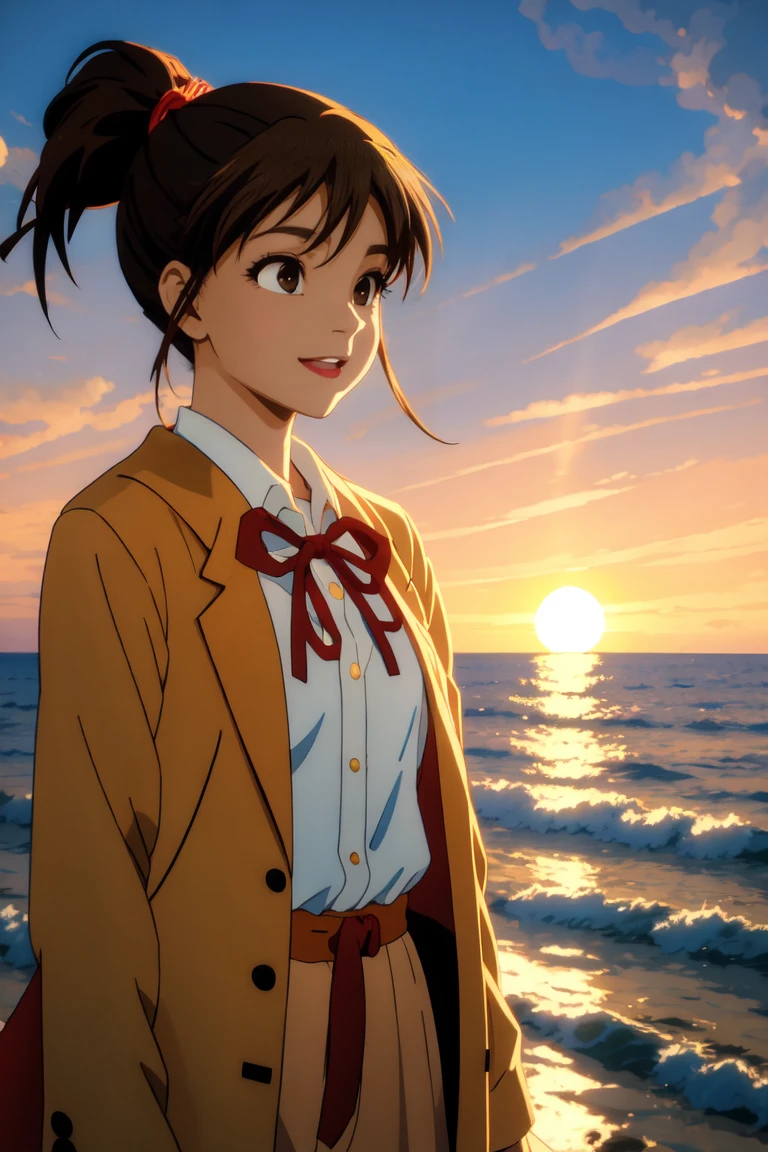 (masterpiece, best quality:1.2), samidare asahina, 1girl, brown eyes, brown hair, jacket, long sleeves, neck ribbon, ocean, red sky, dawn, ponytail, red ribbon, ribbon, , shirt, short hair, solo, sunset, white shirt, (anime, high details, super detail:1.55)