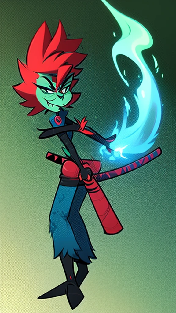 2D cartoon monster with red eyes, blue hair and green body, with a black katana sword, flaming fire, with a very ponk outfit