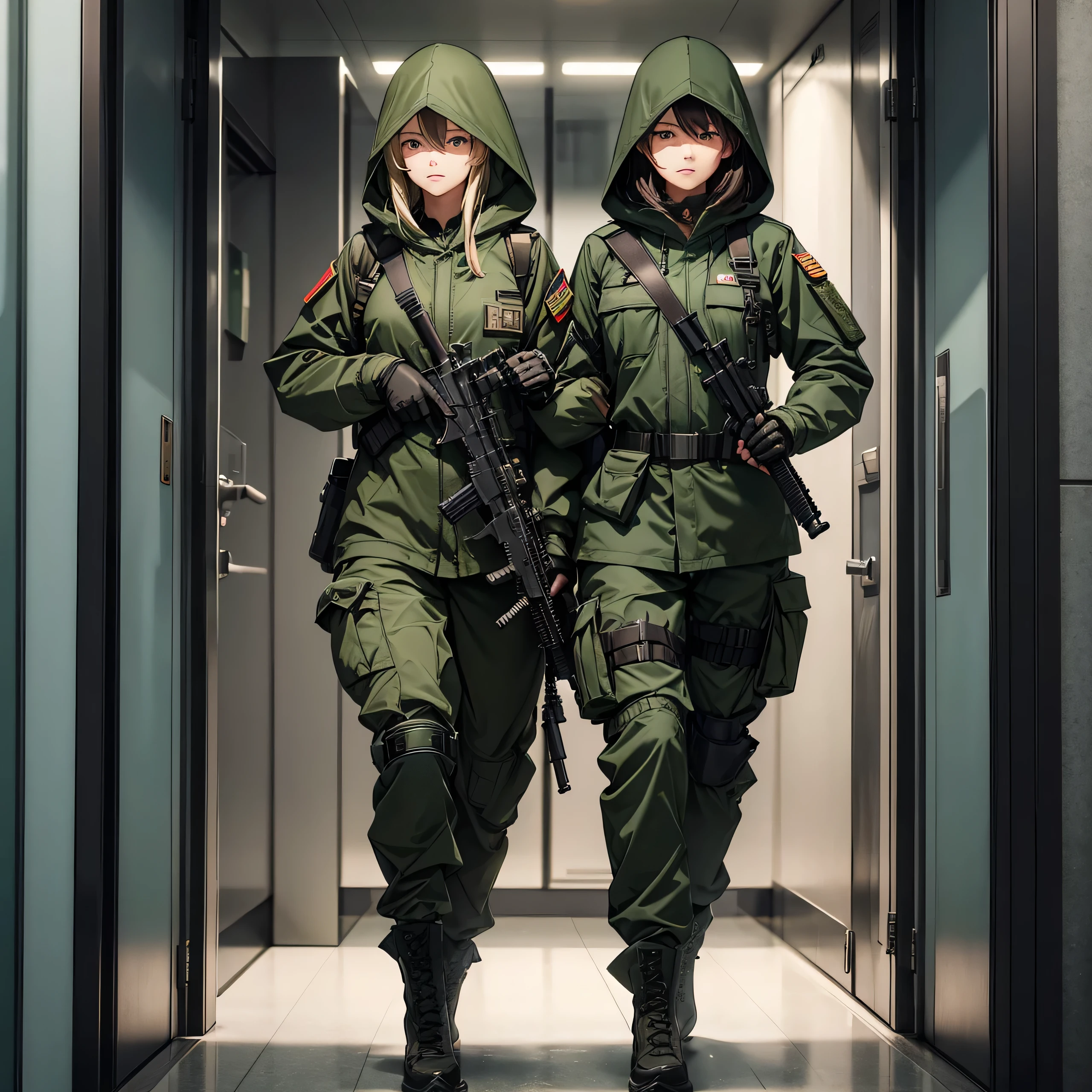 In front of the elevator door、Two female soldiers with guns in their hands、Wear dark green M-51 hooded military uniform、Hooded on head、Military Pants、Full individual equipment、Show only the upper thigh area、Best quality、Very detailed、8K