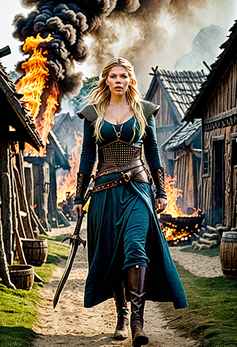 KATHERYN WINNICK as a Viking warrior walking through a burning medieval village