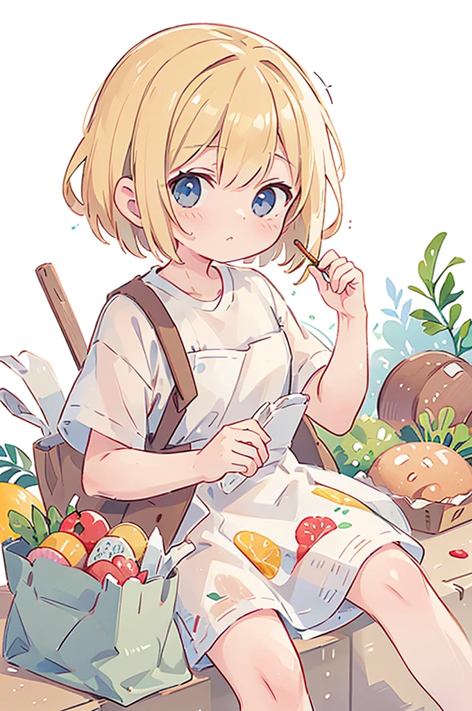 ((best quality)), ((masterpiece)), (detailed), loose watercolor, minimalist, create a picture of a cartoon grocery paper bag full of a lot healthy food, against plain brilliant white background, isolated, fresh, tasty, delicious, vibrant color. the grocery paper bag is sitting on a white brilliant surface, detailed. 8k
